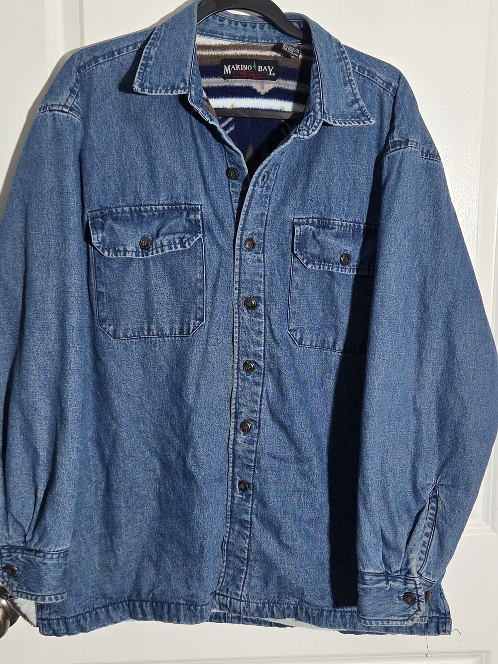 Marino Bay Natural Mens Large Denim Jean Button Jacket Aztec Tribal Fleece Lined